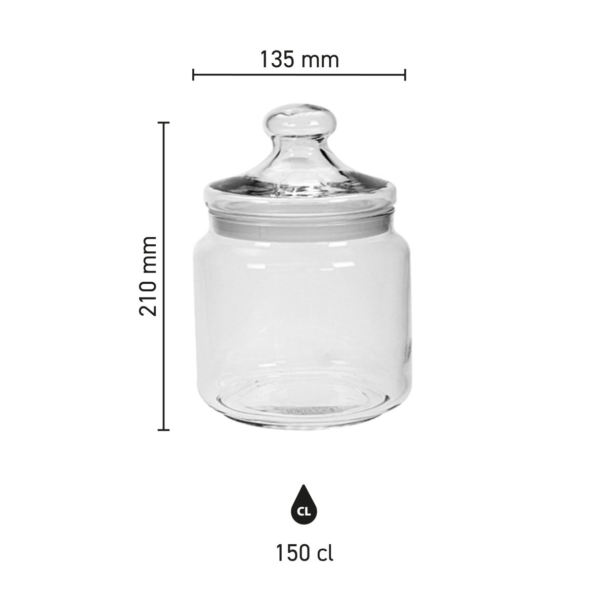 Infographic toont hoogte en breedte van glazen snoeppot Big Club 1,50 liter.