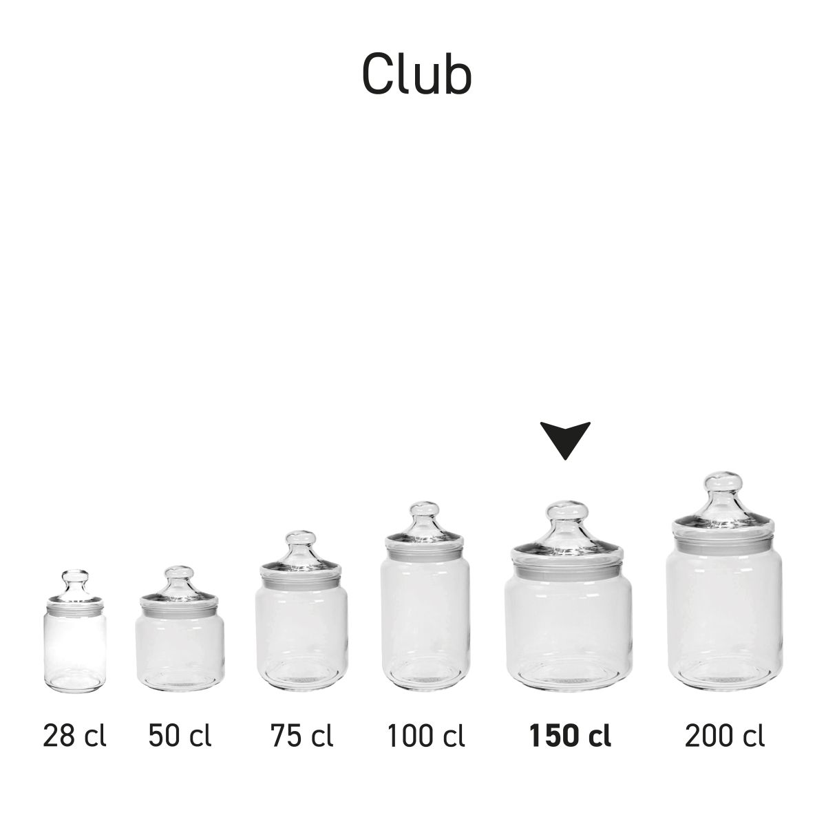 Reeks glazen snoeppotten Big Club 1,50 liter als serie getoond in overzichtsafbeelding.