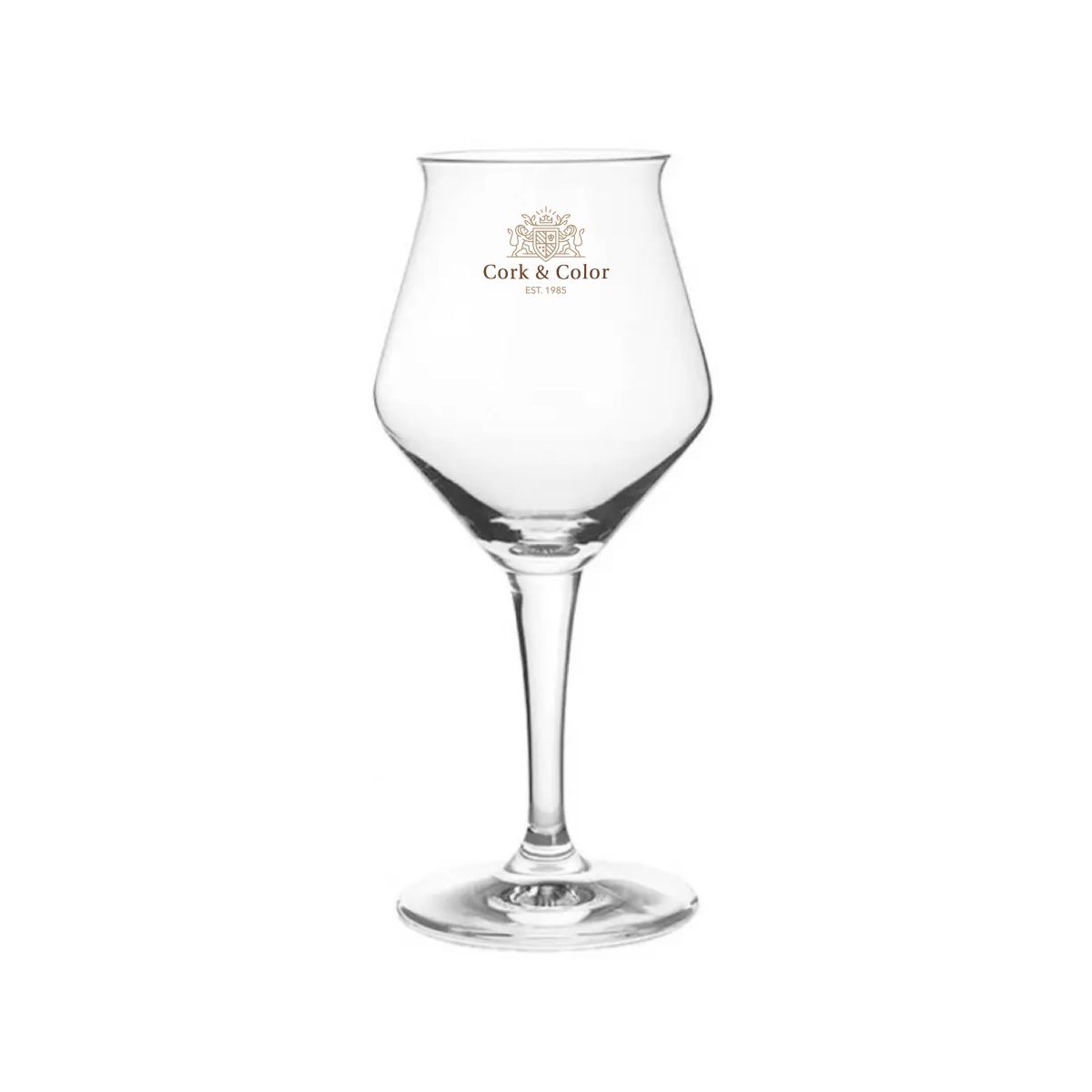 Sommelier Kelch 30cl glass with tap size, printed with multicoloured CorkColor logo on the front view.