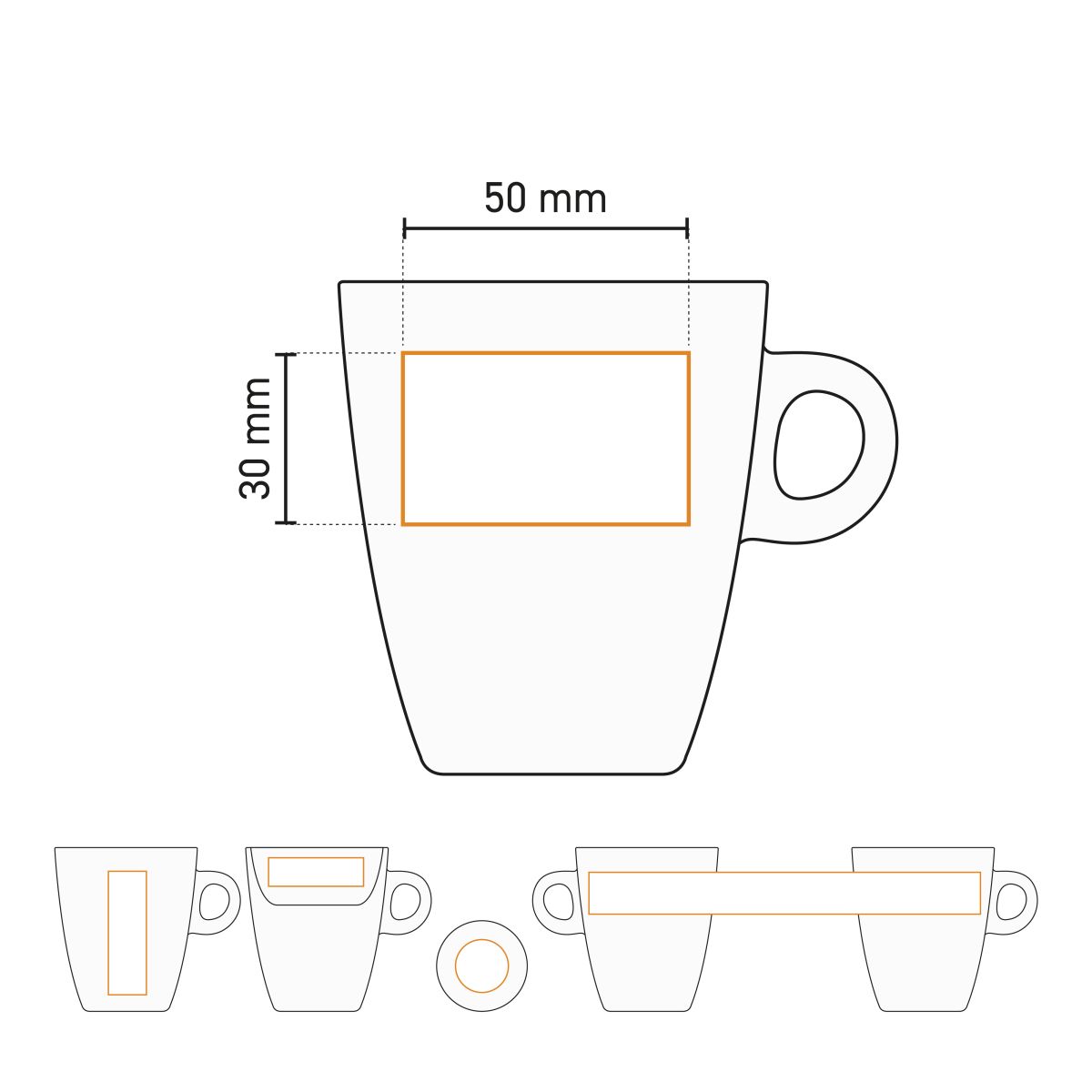 Werktekening met drukgebied van Sonja mok 18 cl porselein voor logoplaatsing en bedrukking.