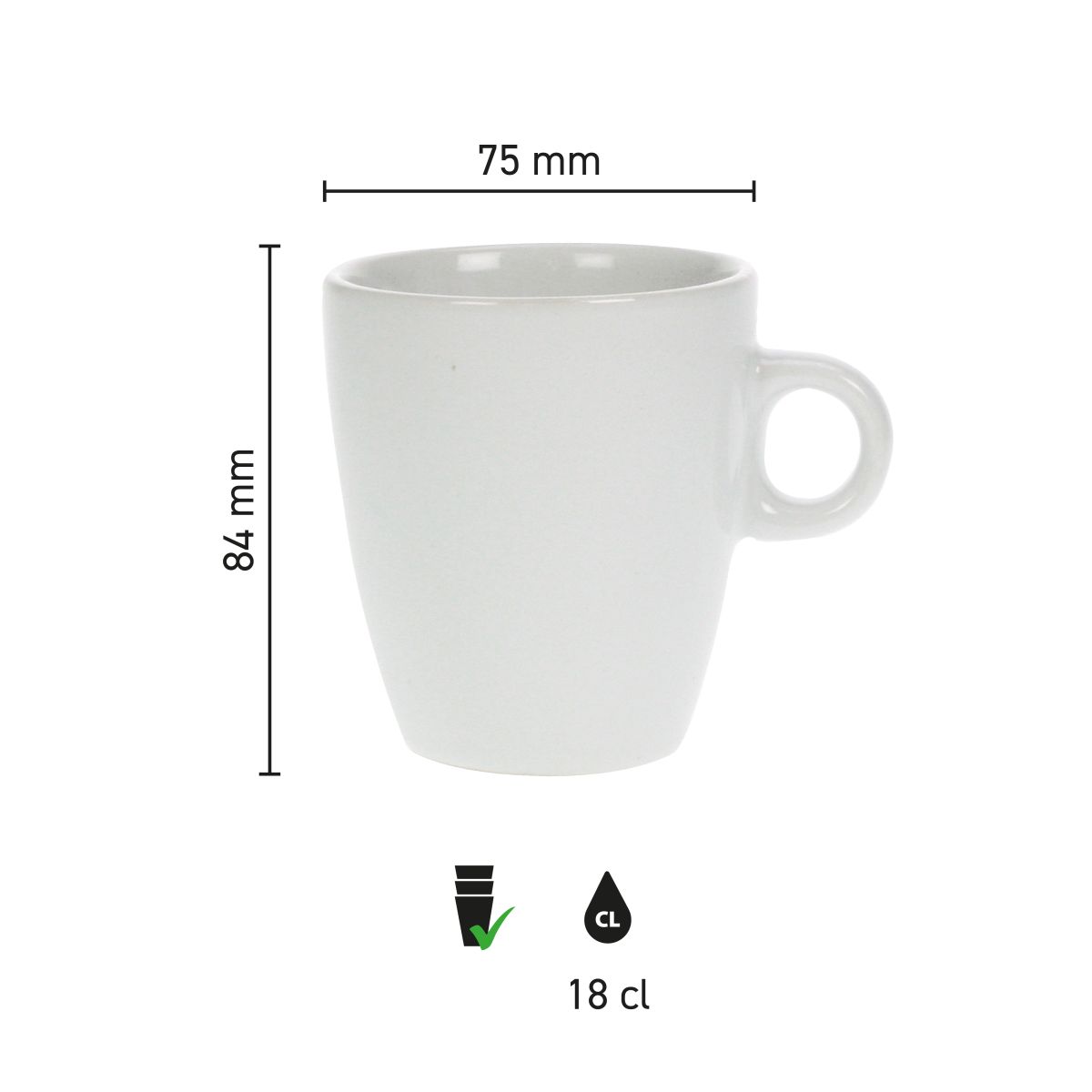 Infografiek met maatvoering van de Sonja mok 18 cl porselein, inclusief diameter en hoogte.