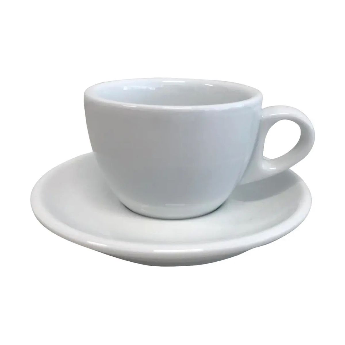 White Porcelain 19 cl front view cappuccino set with round cups and matching saucers. White Porcelain 19 cl front view cappuccino set with round cups and matching saucers.