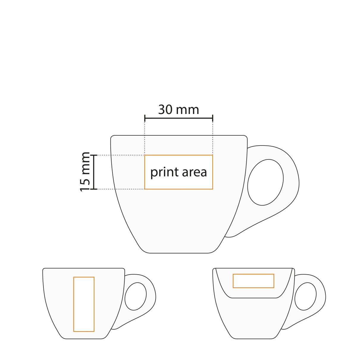 Technical working drawing of 7 cl. porcelain espresso set with pressure area indication.