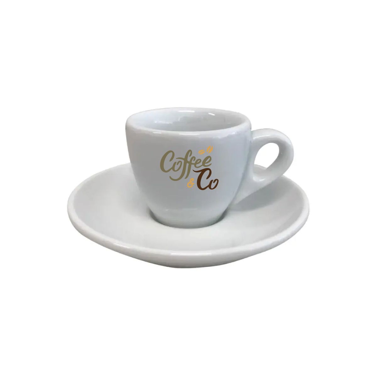 Multicoloured CoffeeCo logo on the front of the porcelain espresso cup 7 cl.