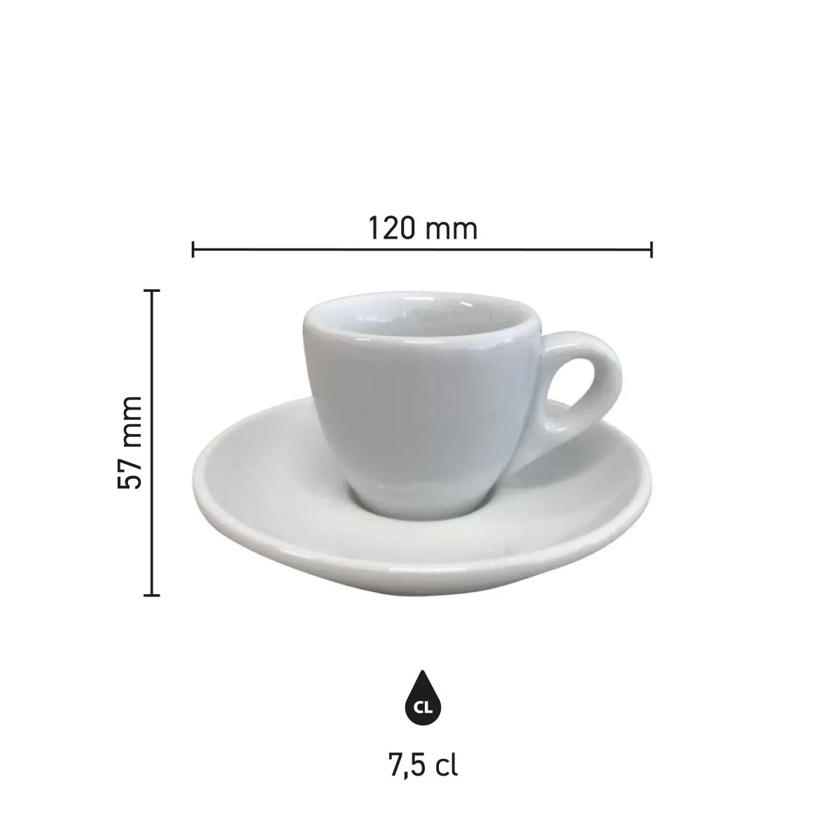 Infographic shows diameter and height of porcelain espresso set 7 cl.