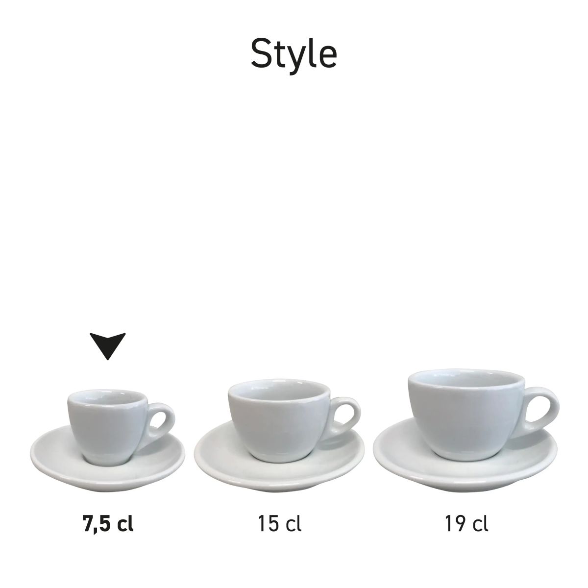 Series view of several Style Espresso porcelain sets placed side by side.