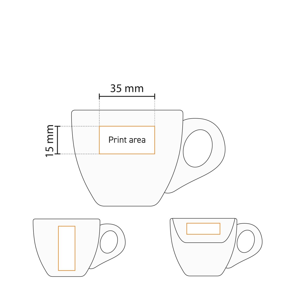 Drukgebied op kopje 7 cl porselein gemarkeerd in werktekening voor logo-plaatsing.