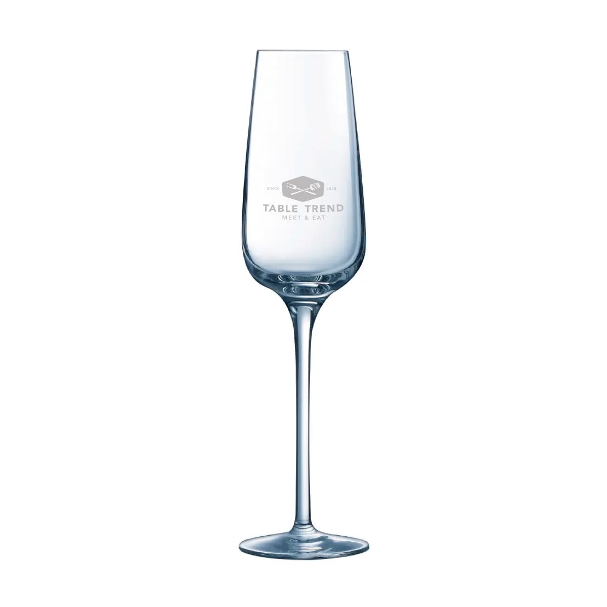 Sublym champagne glass 21 cl with engraved TableTrend logo visible on the front view.