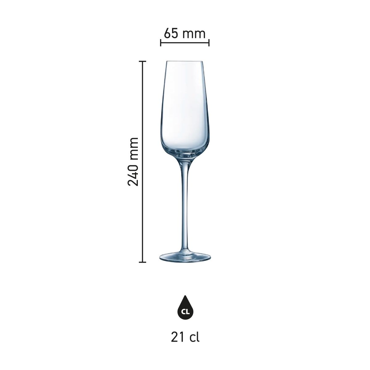 Infographic showing product dimensions of the Sublym champagne glass 21 cl, including height and diameter.