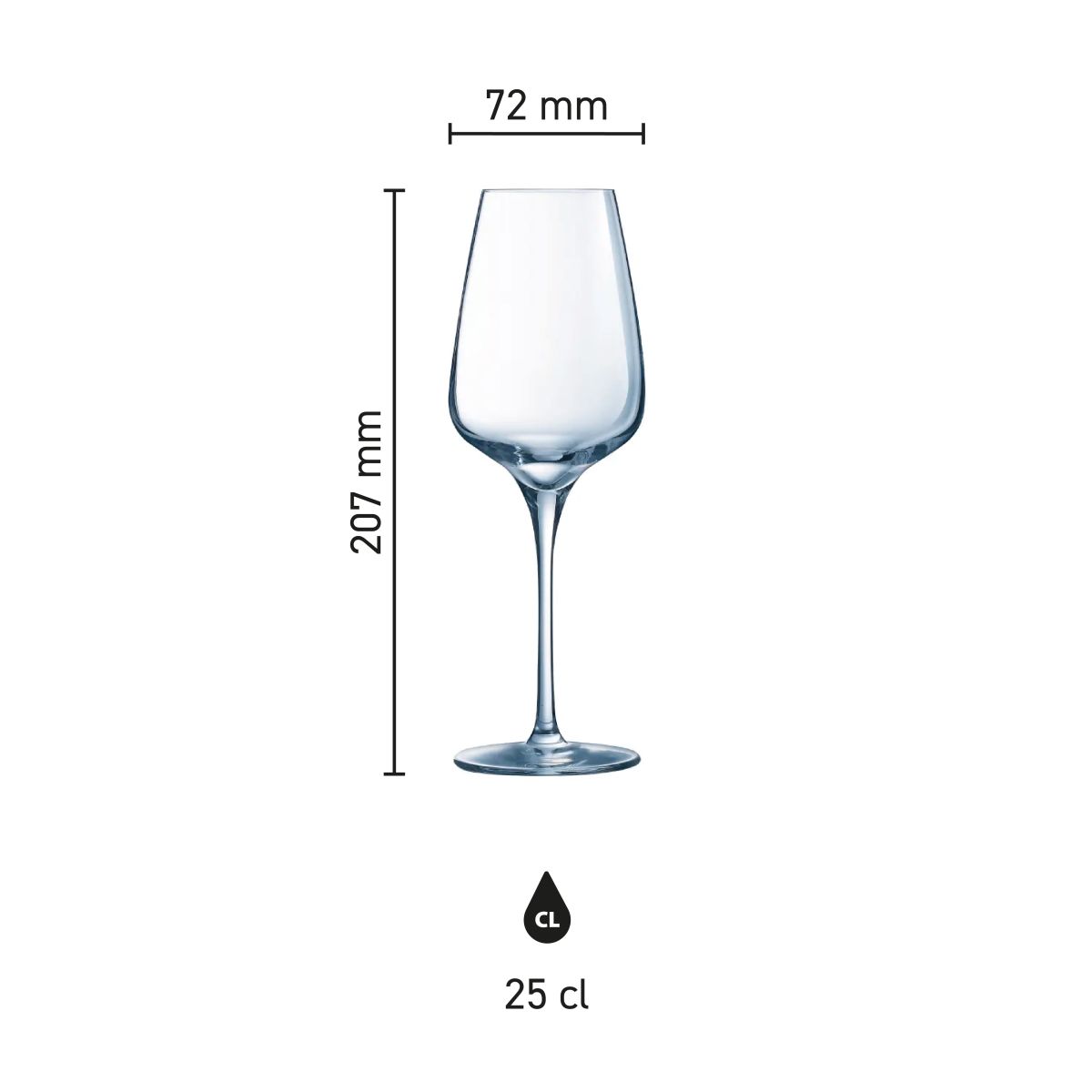 Infographic showing product dimensions of the Sublym wine glass 25 cl. with height and diameter.