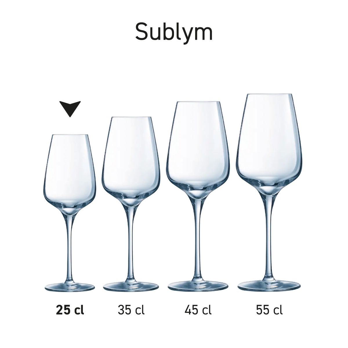 Sublym wine glasses presented in a series arrangement with identical glass shape.