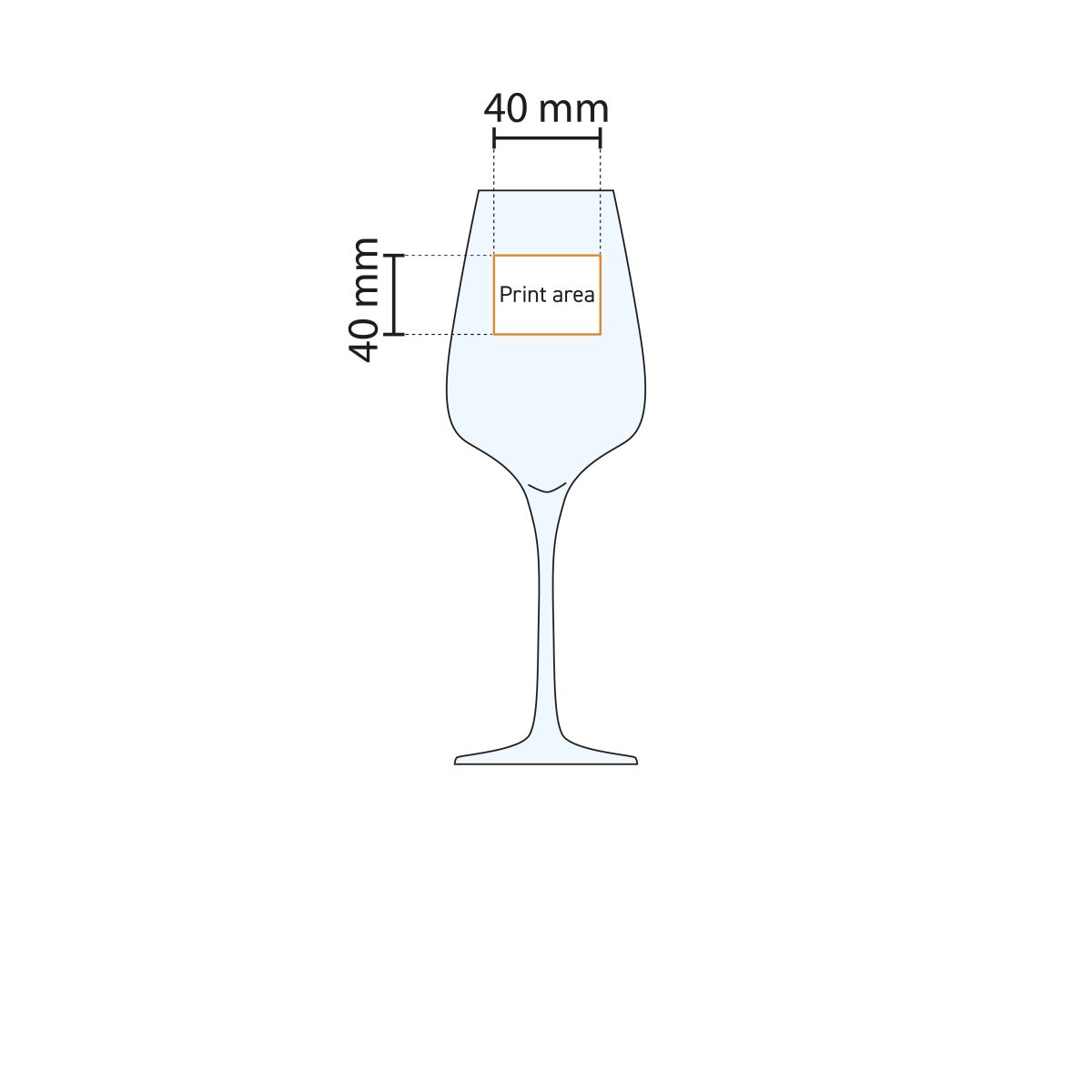 Technical working drawing of the Sublym wine glass 35 cl. with marking of the available pressure area.