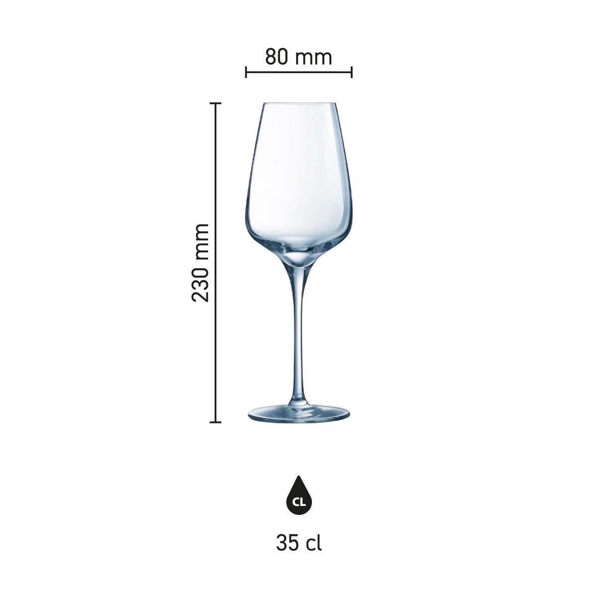 Infographic showing the exact dimensions of the Sublym wine glass 35 cl. including chalice and foot.
