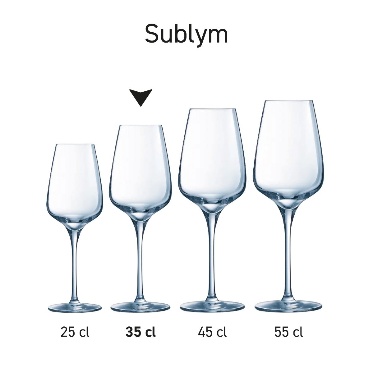 Overview of several Sublym wine glasses presented side by side as a series.