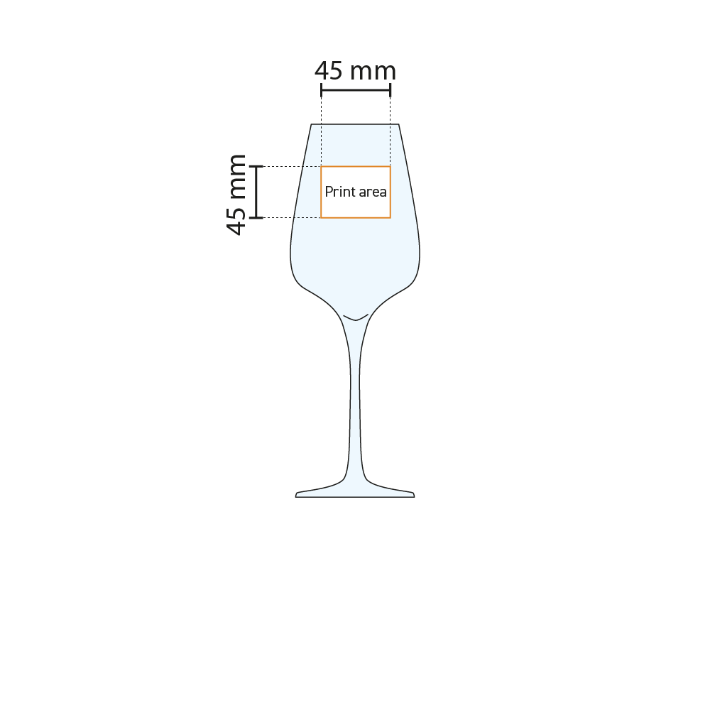 Technical working drawing of the Sublym wine glass 45 cl. with indication of the pressure area on the glass.
