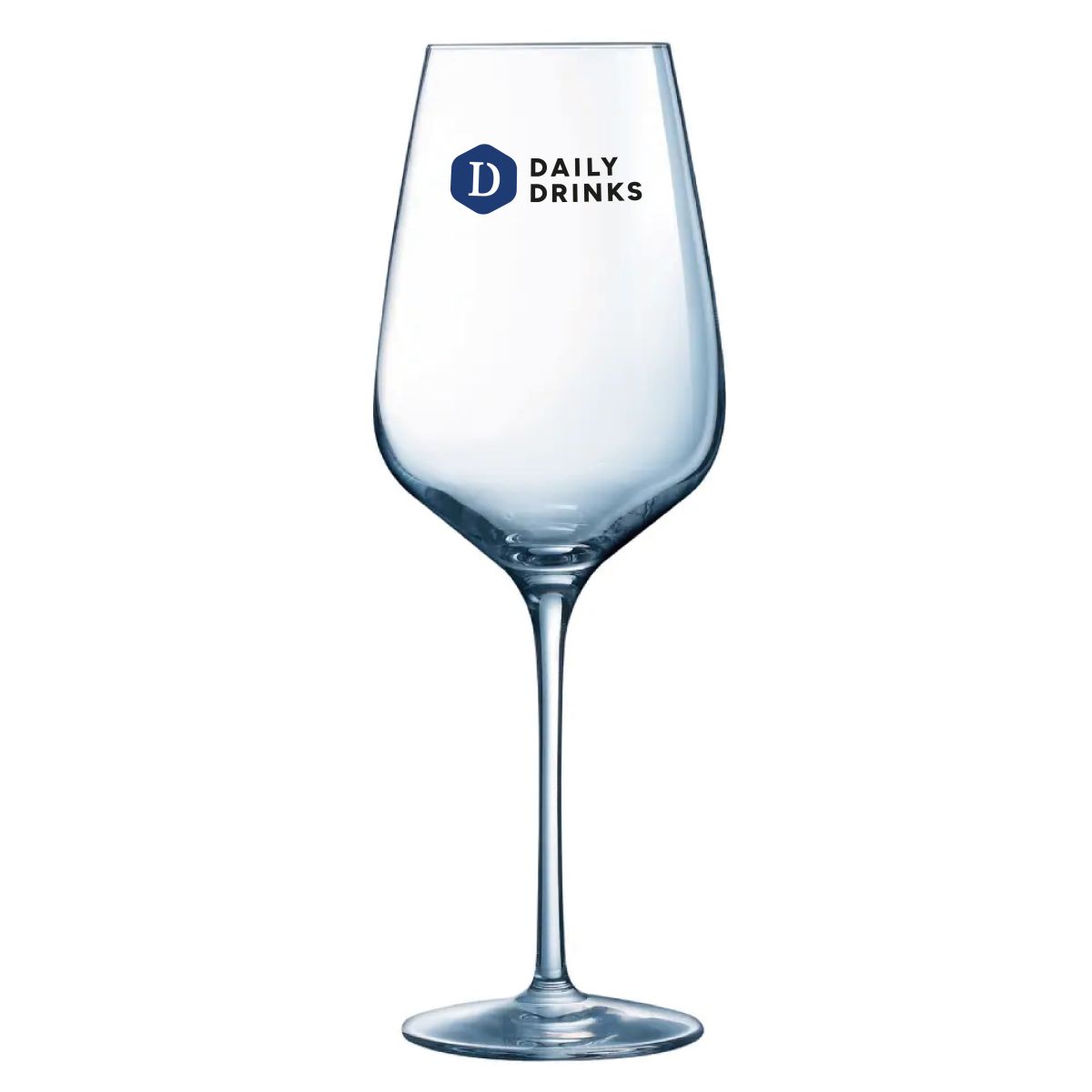 Sublym wine glass 55 cl. printed with multicoloured DailyDrinks logo on the front of the glass.