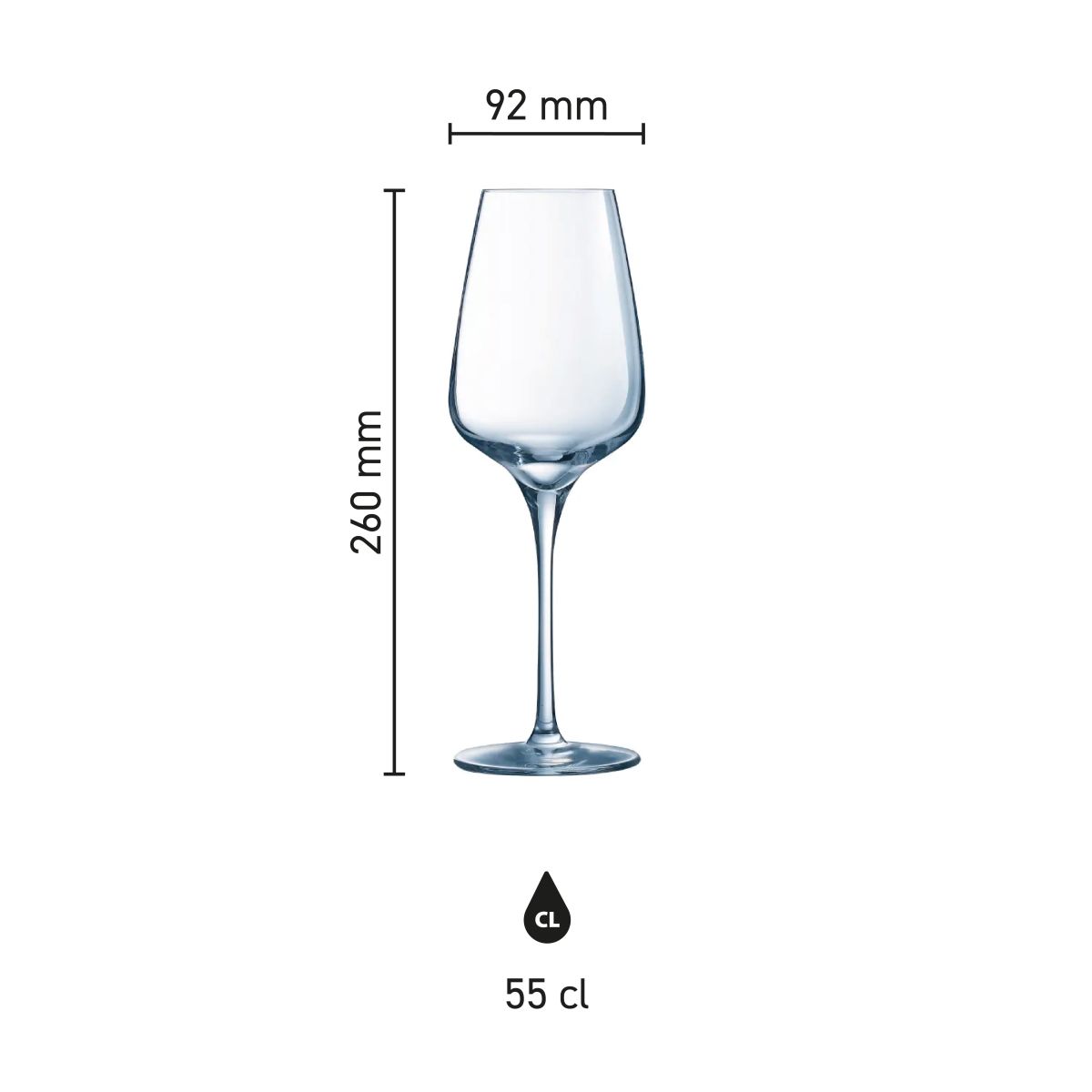 Infographic showing dimensions of the Sublym wine glass 55 cl. including height and glass diameter.