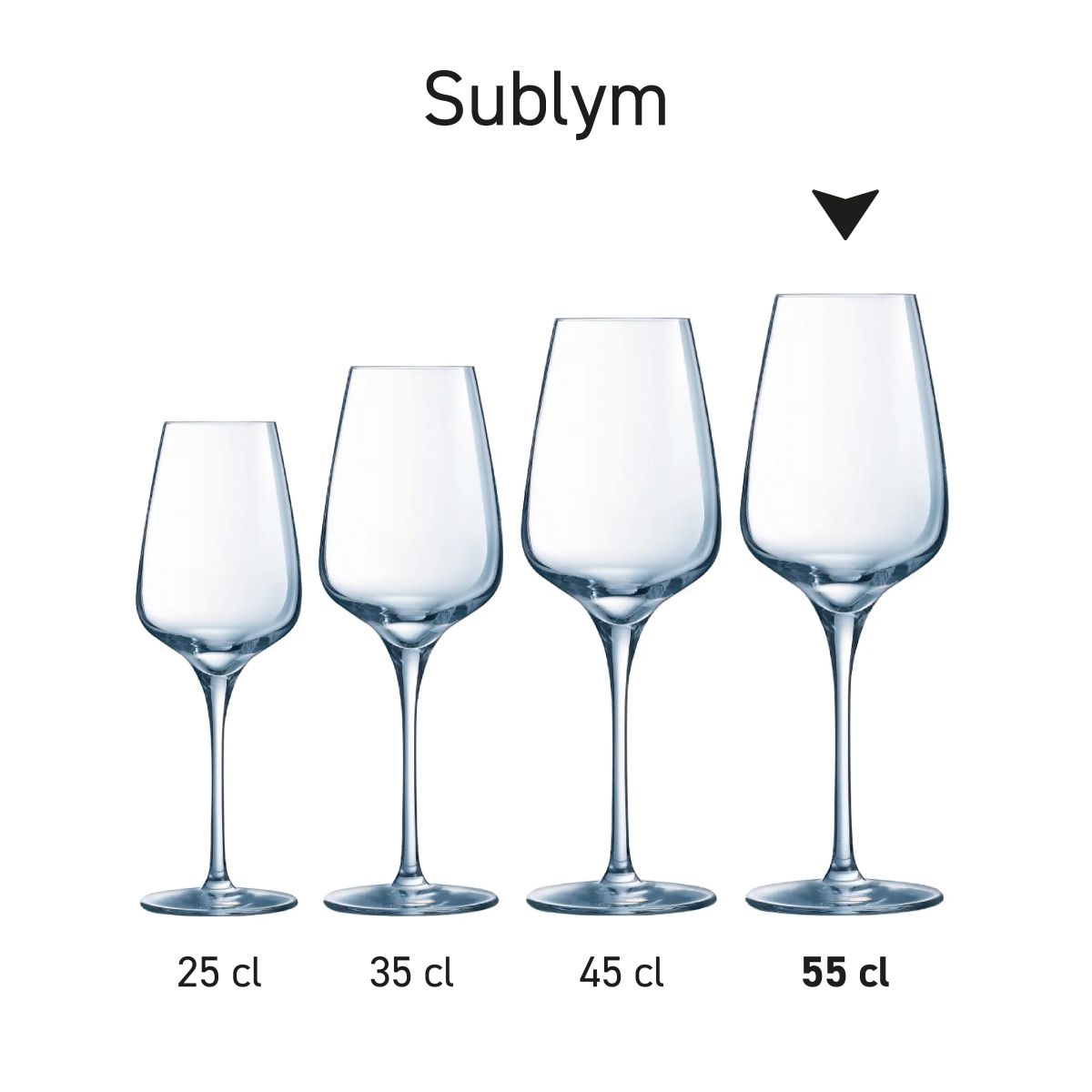 Sublym wine glasses presented as a series with different contents and identical design.