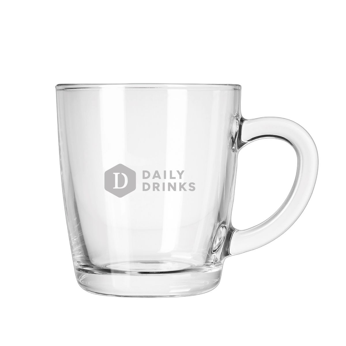 Gravure van het DailyDrinks-logo zichtbaar op de voorzijde van het theeglas New Morning Laag 32 cl.