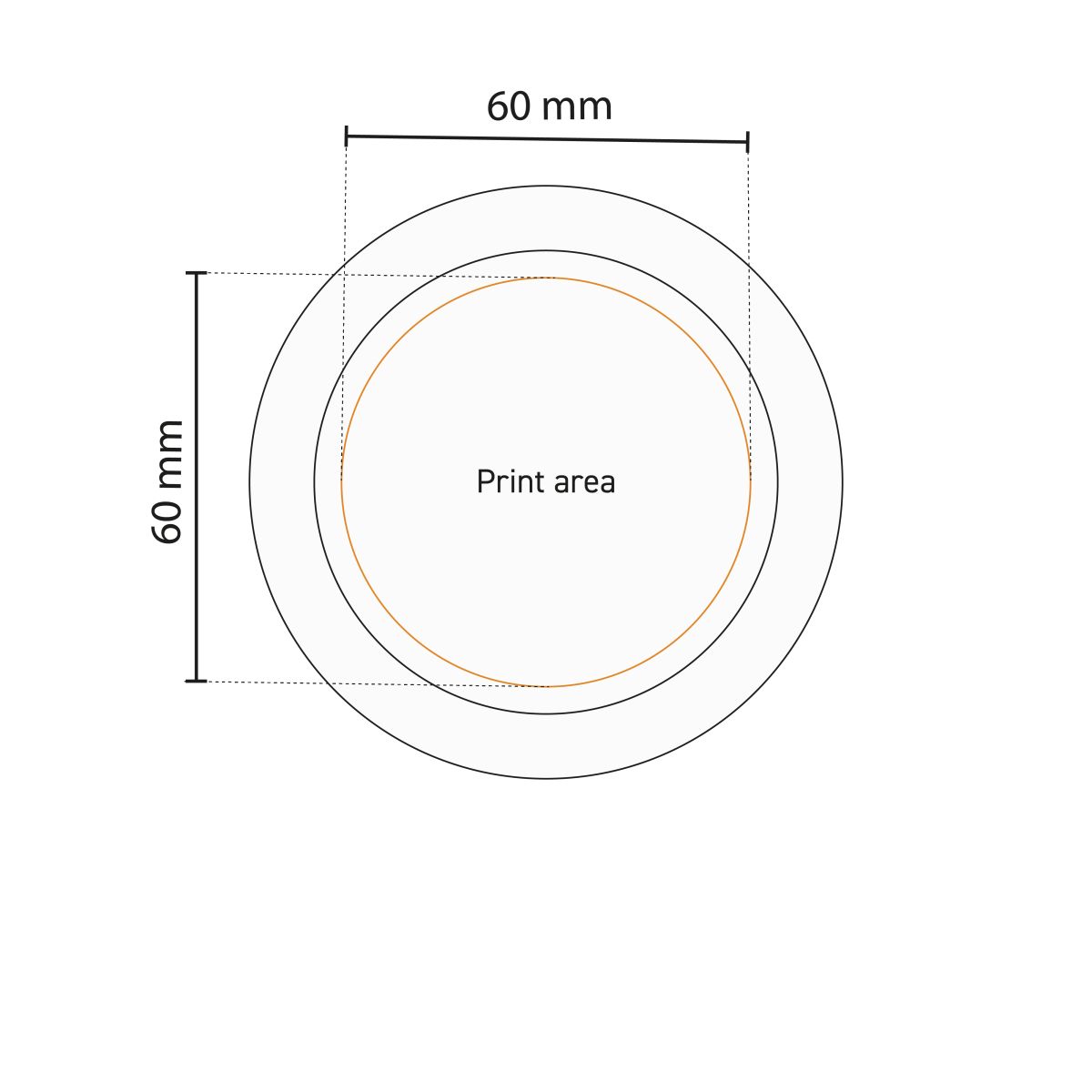 Technische werktekening met aanduiding van drukgebied op witte porseleinen theezakhouder van 85 mm.