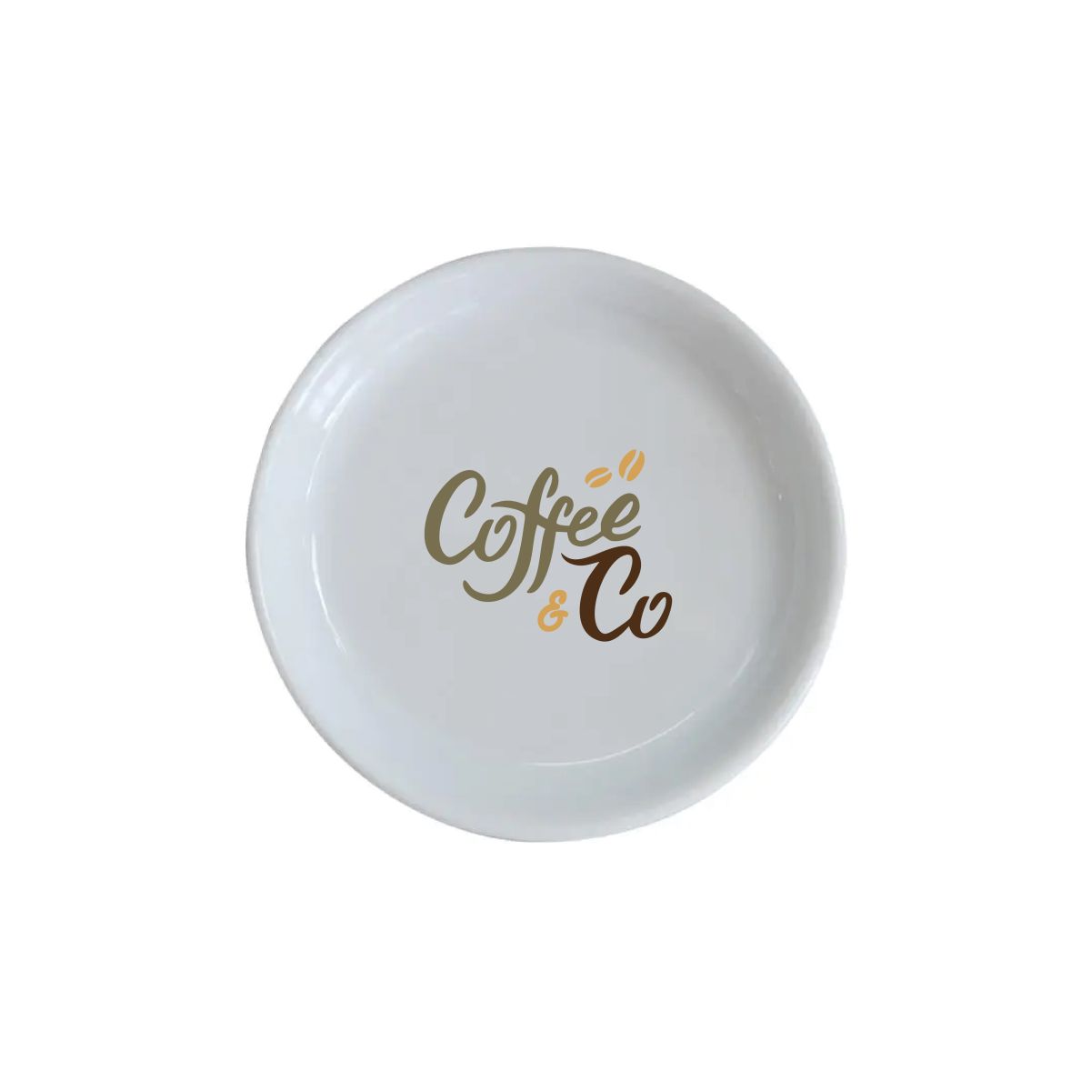 Theezakhouder van 85 mm porselein met meerkleurig CoffeeCo-logo aan de voorkant, ronde witte vorm.
