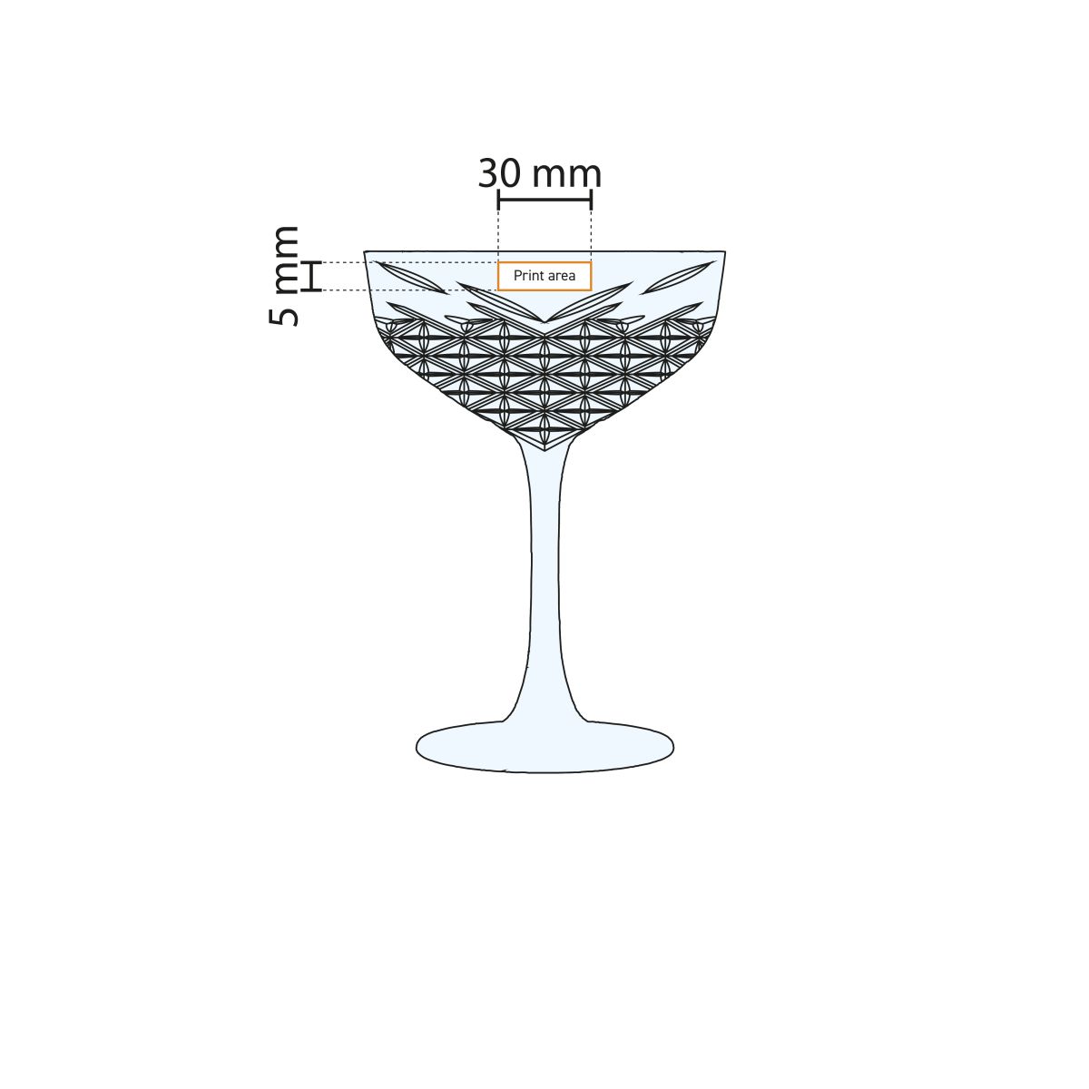Technische werktekening van de Timeless champagnecoupe 25,5 cl. met aanduiding van het drukgebied.