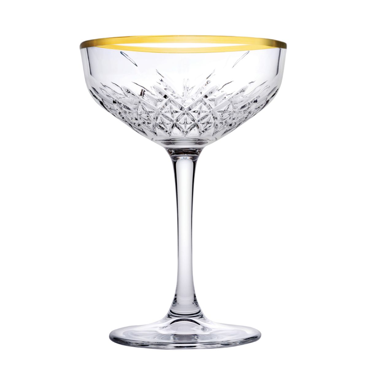 Voorzijde van de Timeless champagnecoupe 25,5 cl. met gouden rand en klassieke coupevorm.