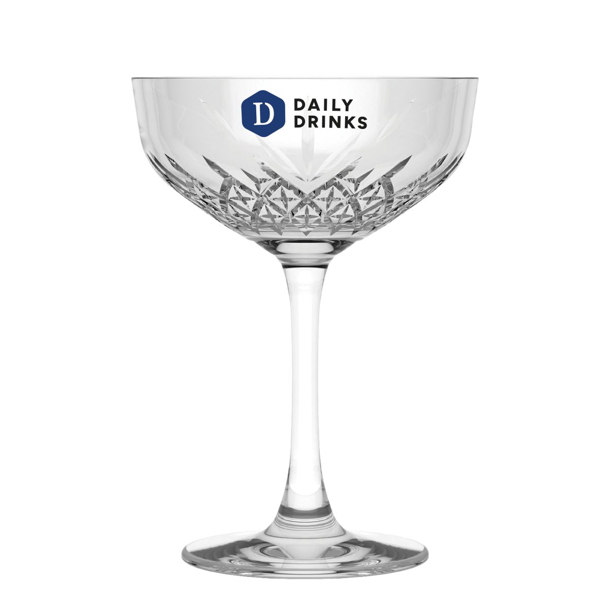 Timeless champagnecoupe 25,5 cl bedrukt met meerkleurig DailyDrinks-logo op het vooraanzicht van het glas.