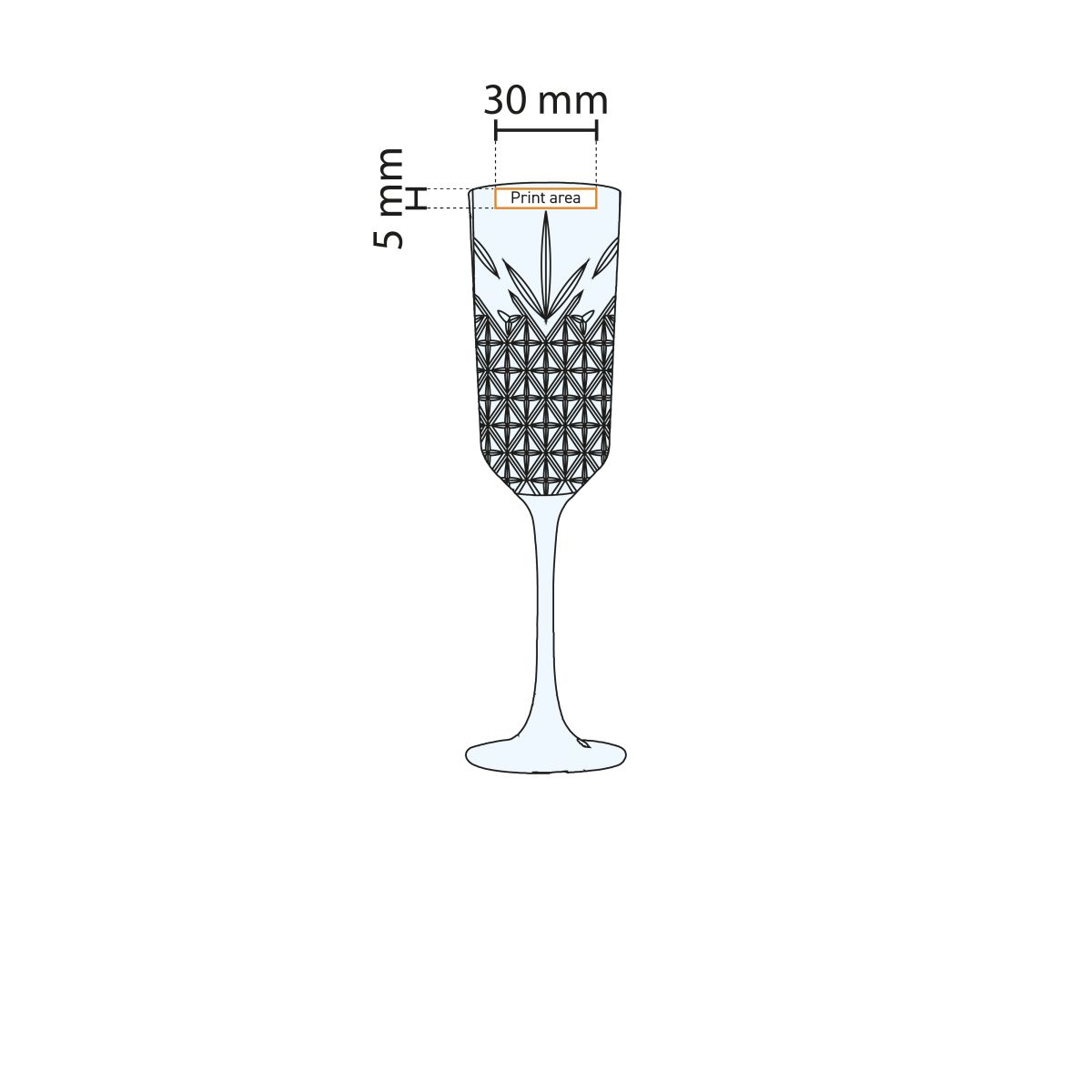Technical working drawing of the Timeless champagne flute 17.5 cl. with indication of the pressure area.