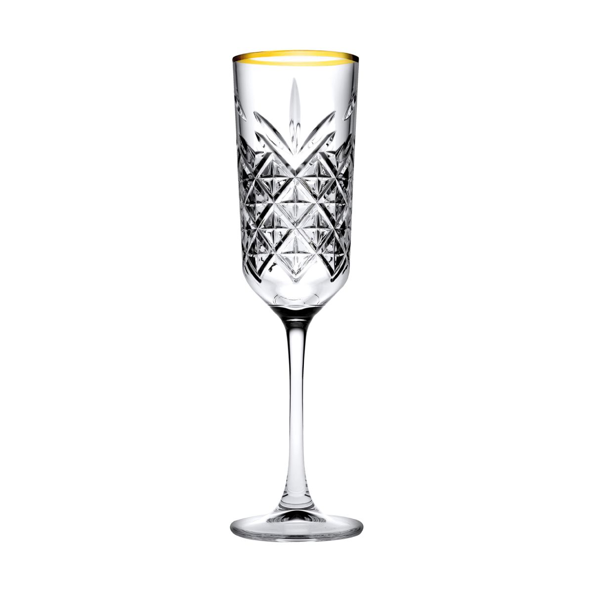 Front display of the Timeless champagne flute 17.5 cl. with gold rim in transparent glass with narrow chalice.