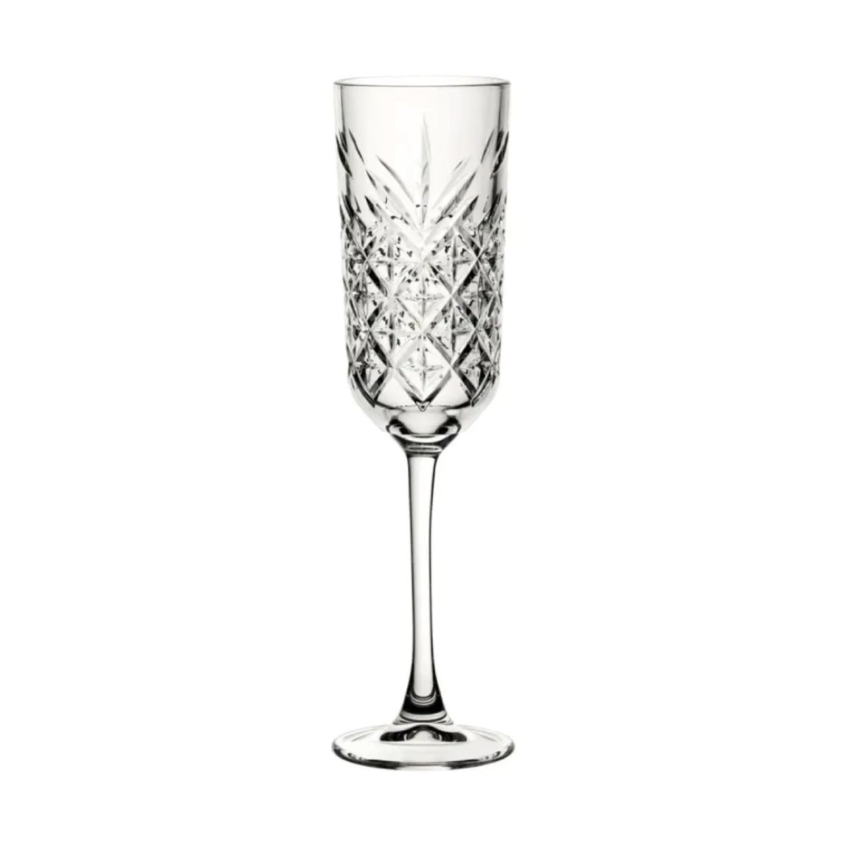 Frontal display of the Timeless champagne flute 17.5 cl. in transparent glass with narrow chalice. Frontal display of the Timeless champagne flute 17.5 cl. in transparent glass with narrow chalice.