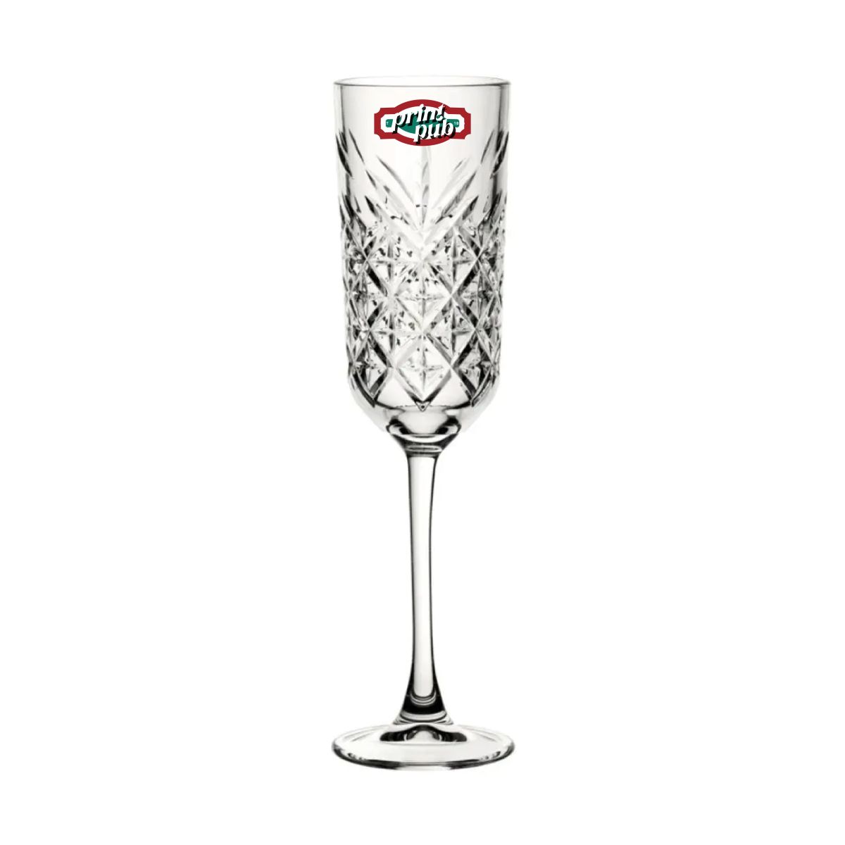 Timeless champagne flute 17.5 cl. printed with multicoloured PrintPub logo on the front face of the glass.