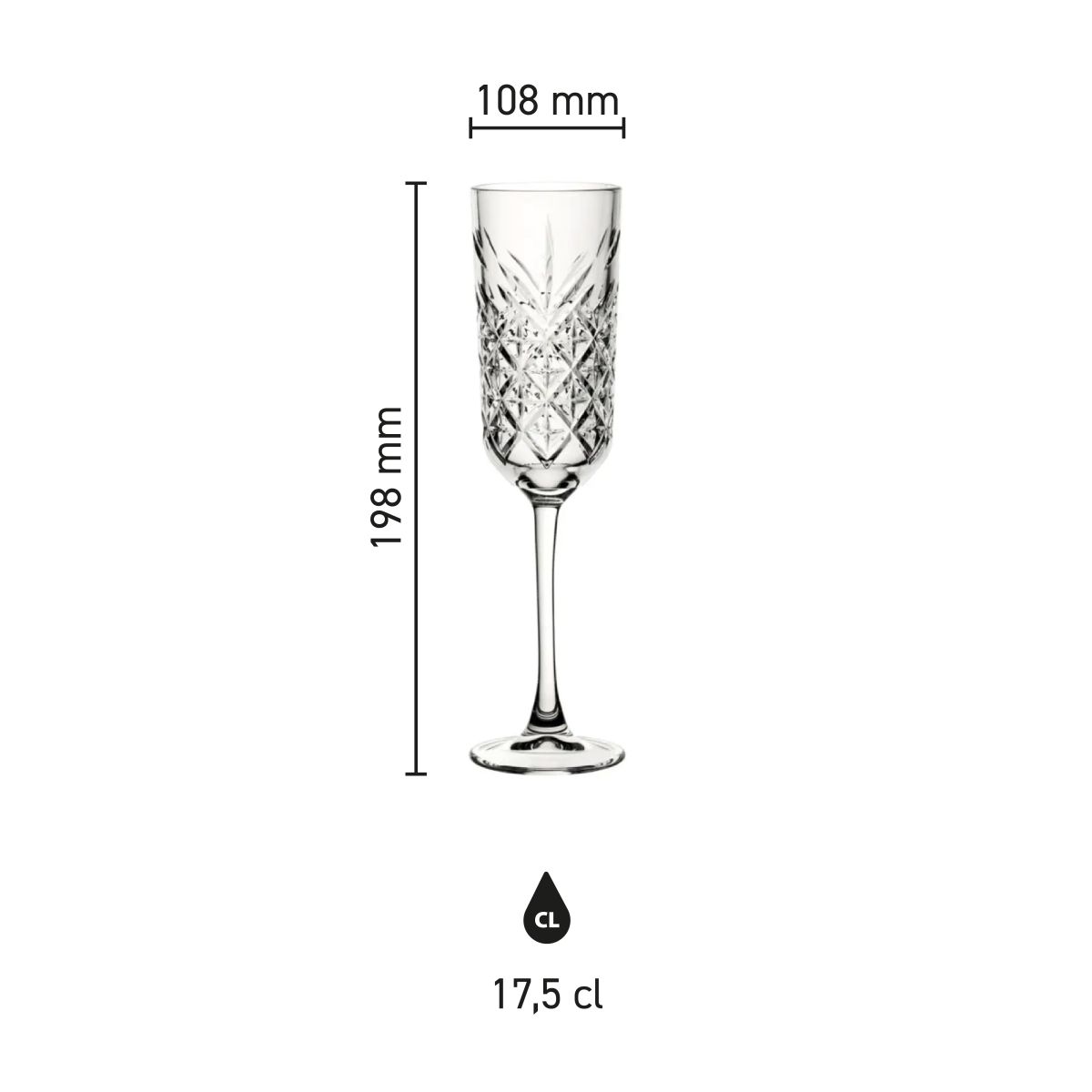 Infographic showing product dimensions of the Timeless champagne flute 17.5 cl. including height and diameter.