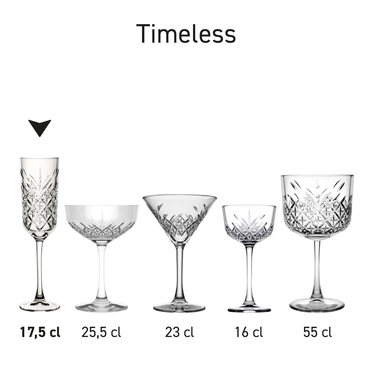 Series of Timeless products presented as a product range with different designs and capacity sizes.
