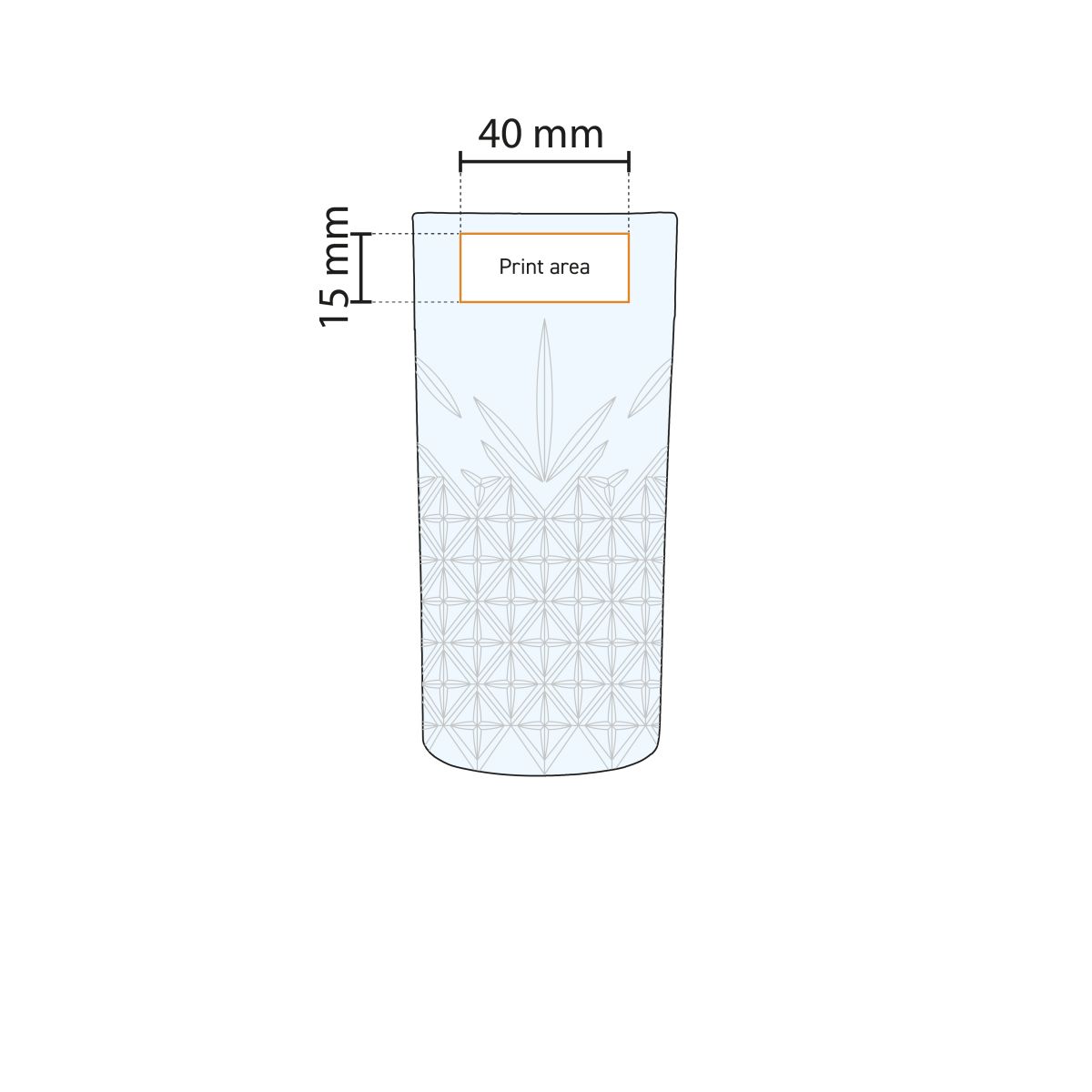 Printing area on 30 cl glass shown in working drawing with logo position.