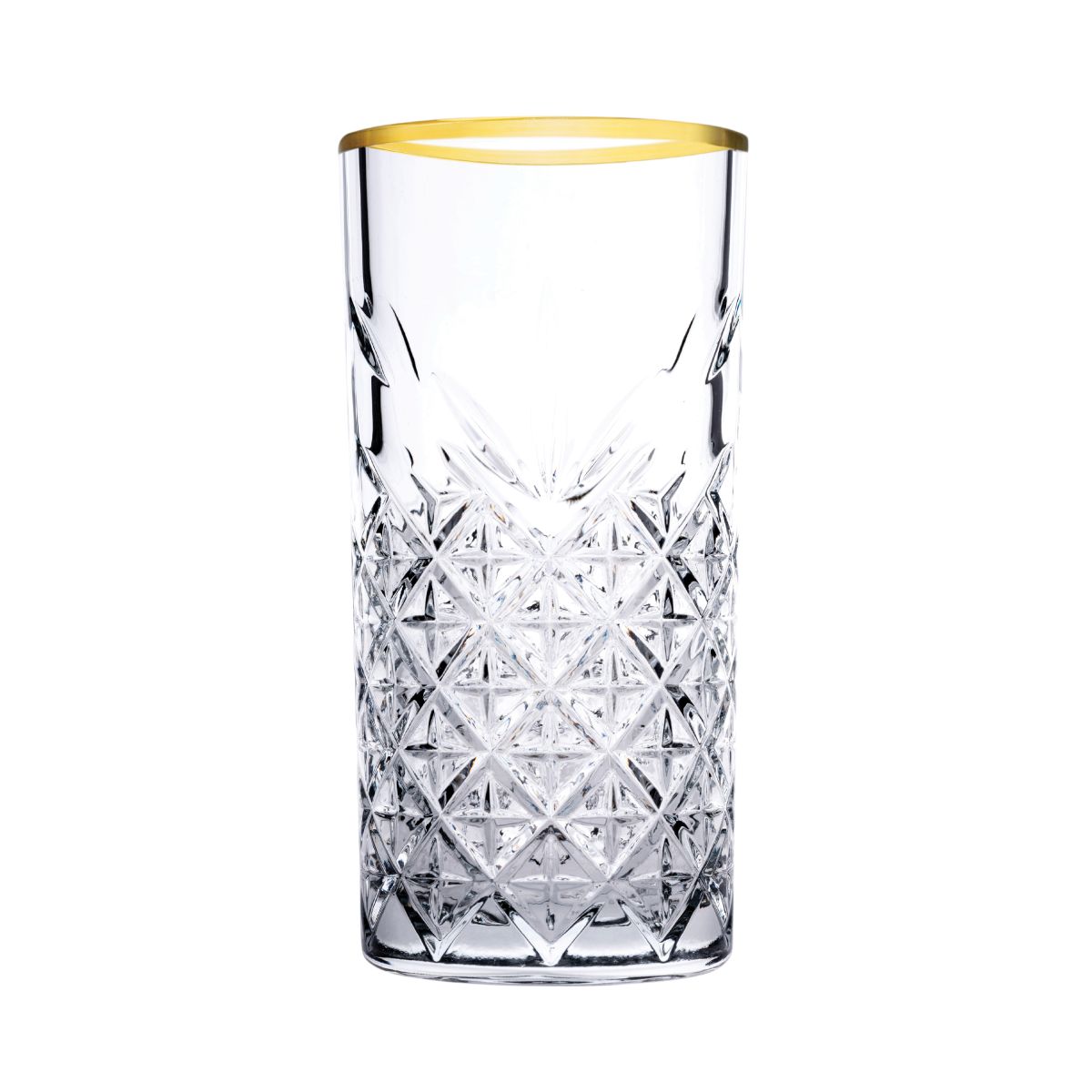 Front view of Timeless Longdrink glass 30 cl. with gold rim and with straight shape and ground glass structure.
