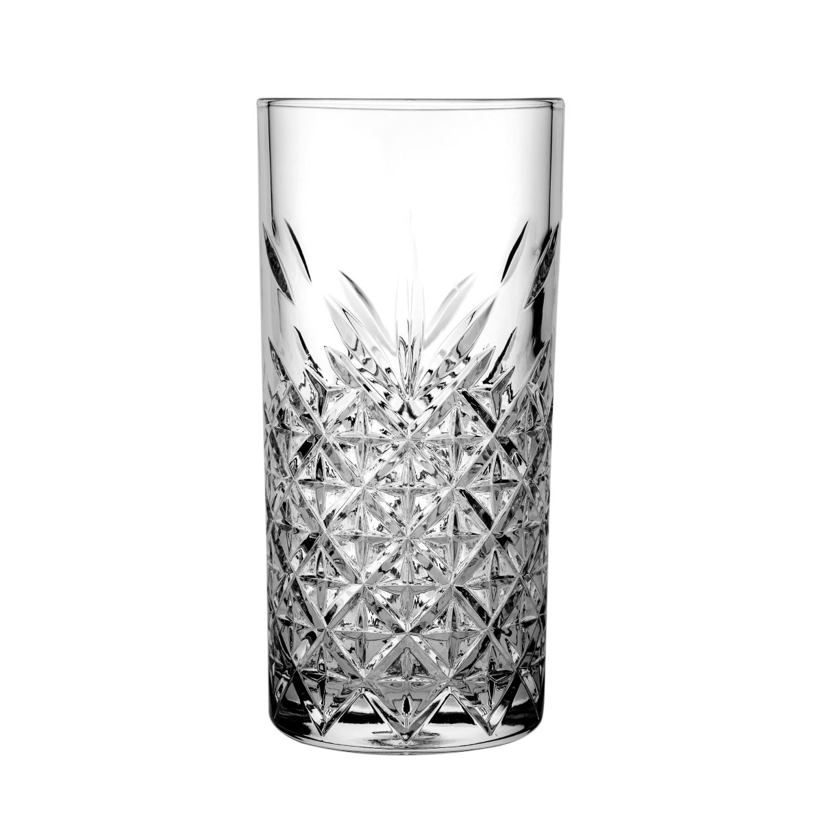Front view of Timeless Longdrink glass 30 cl. with straight shape and ground glass structure. Front view of Timeless Longdrink glass 30 cl. with straight shape and ground glass structure.