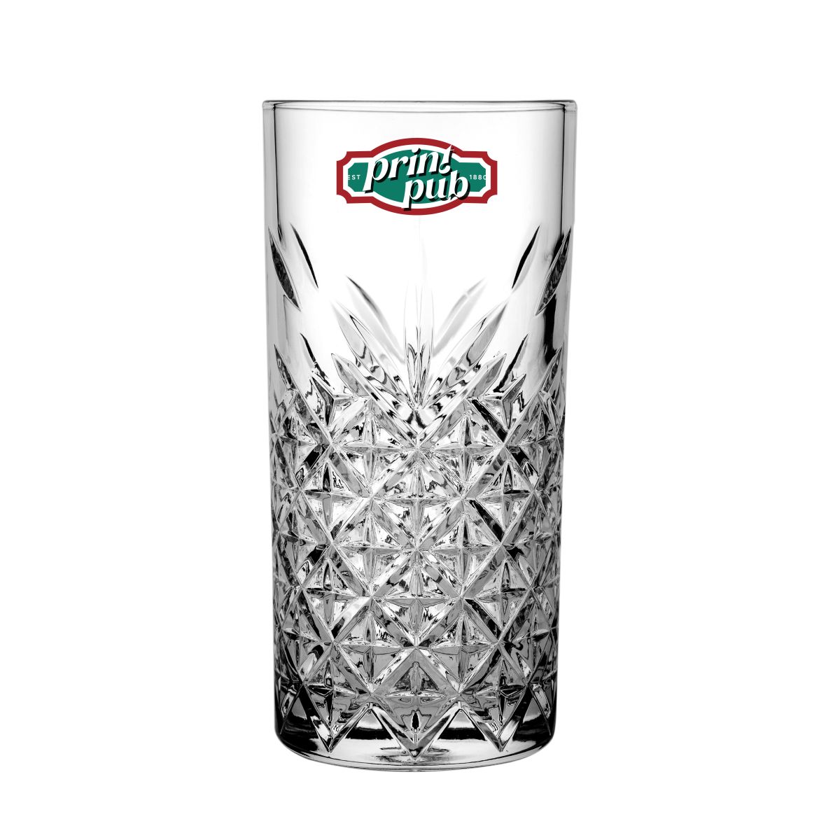 PrintPub logo printed in multiple colours on the front of glass 30 cl.