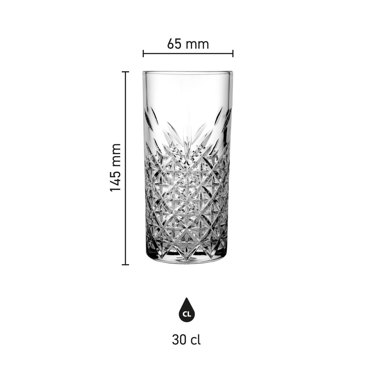 Infographic showing height and diameter of the Timeless Longdrink glass 30 cl.