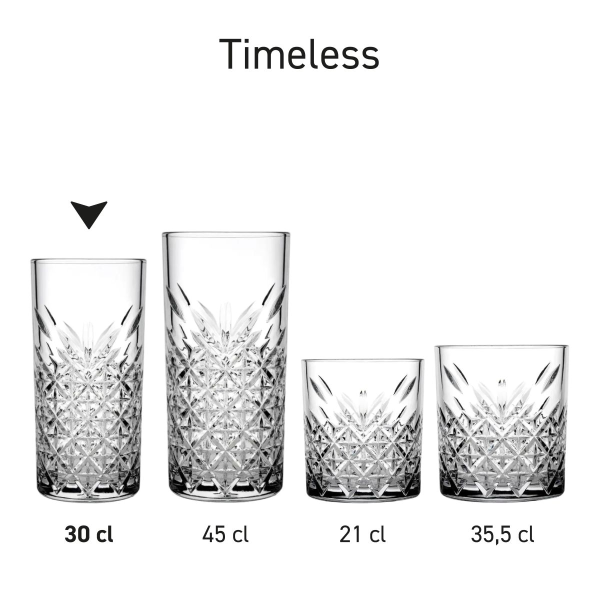 Series arrangement of several Timeless Longdrink glasses, displayed frontally.