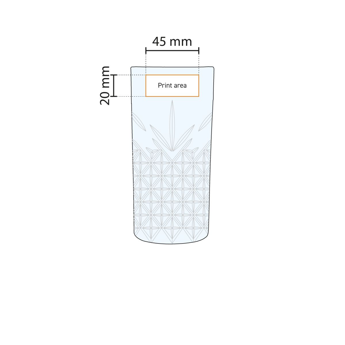 Printing area on glass wall of long drink glass 45 cl shown in working drawing.