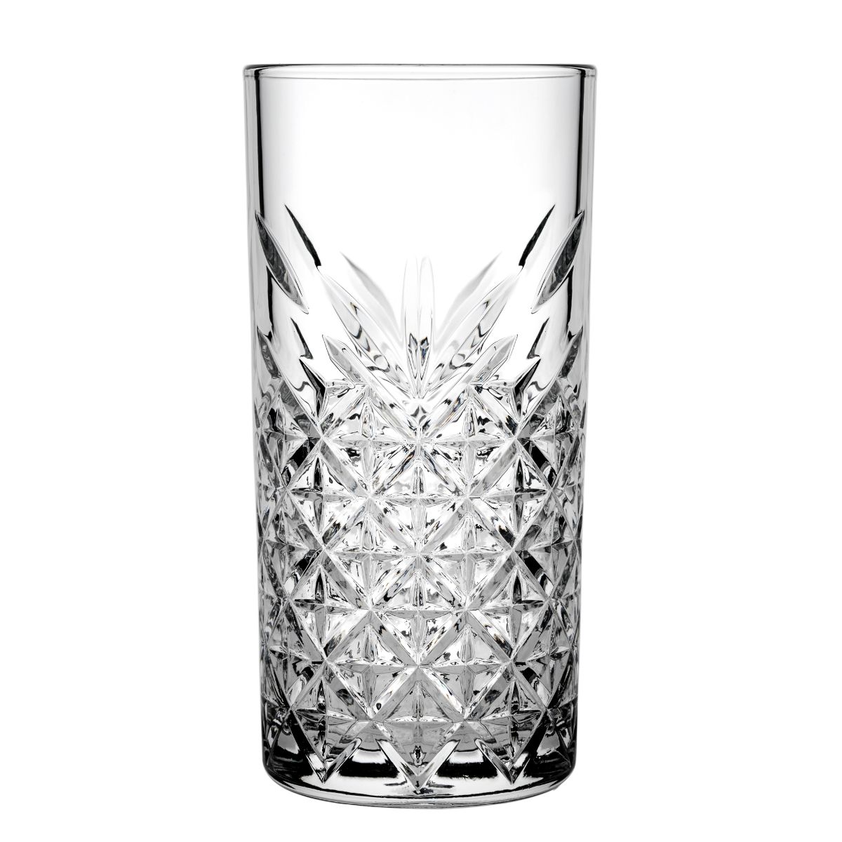Transparent Timeless Longdrink glass 45 cl, front view with vertical grind. Transparent Timeless Longdrink glass 45 cl, front view with vertical grind.