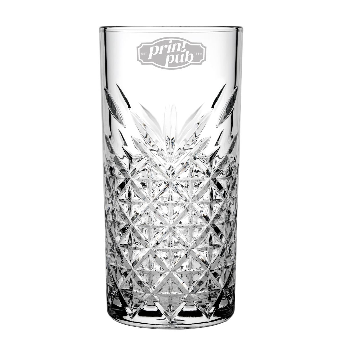 Fine PrintPub logo engraving visible on the smooth surface of the Timeless long drink glass.