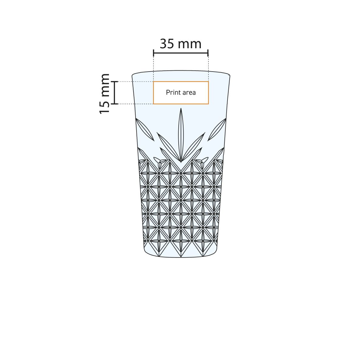 Working description of printing area on glass surface of Timeless long drink glass 34.5 cl.