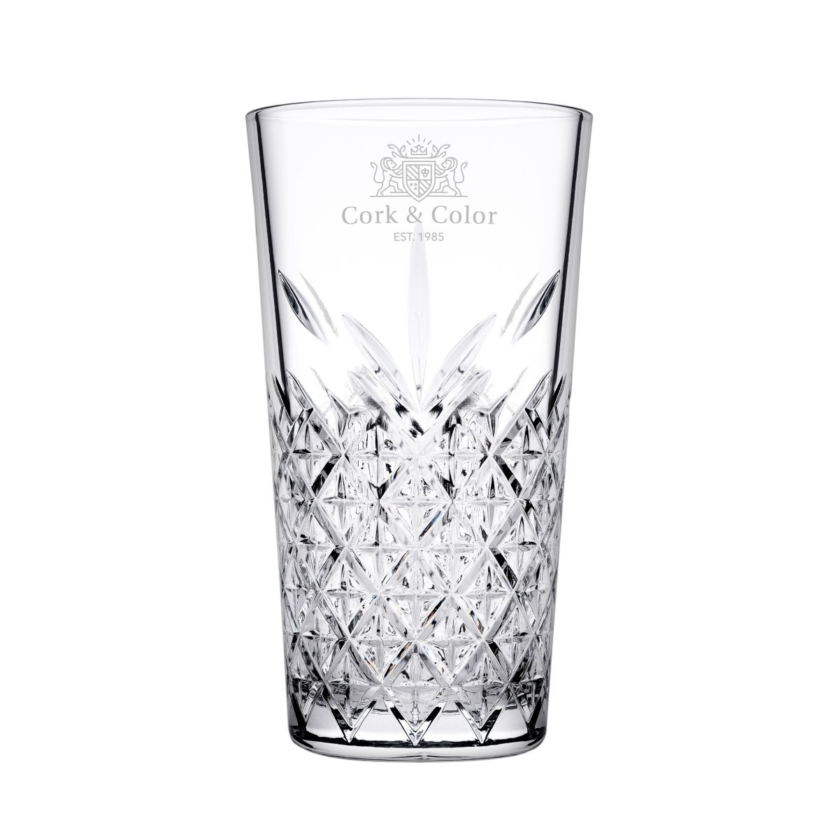 Stackable Timeless Longdrink glass 34.5 cl. displayed upright in front view., with logo print