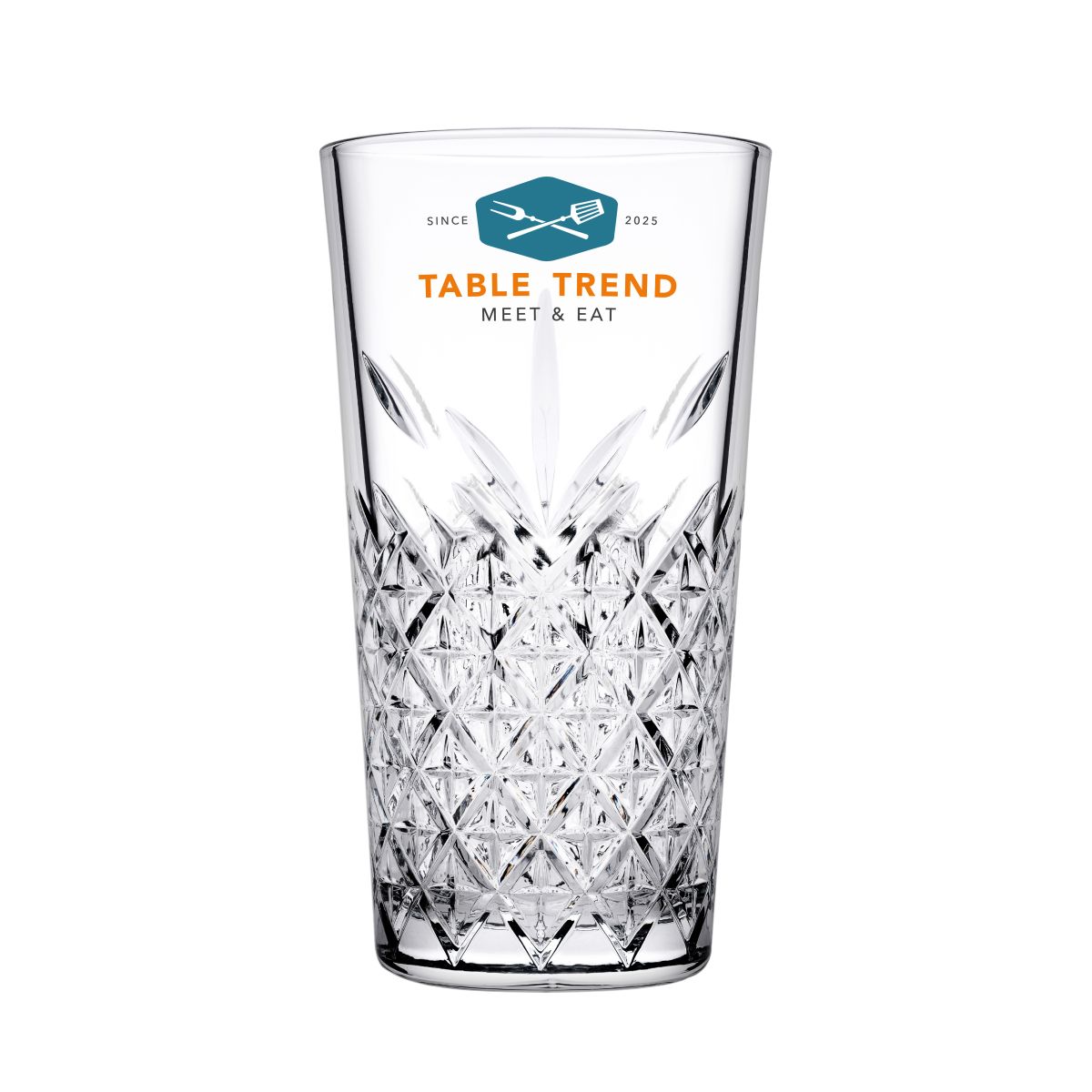 Timeless Longdrink stacking glass 34.5 cl. printed with multi-coloured TableTrend logo on the top surface.
