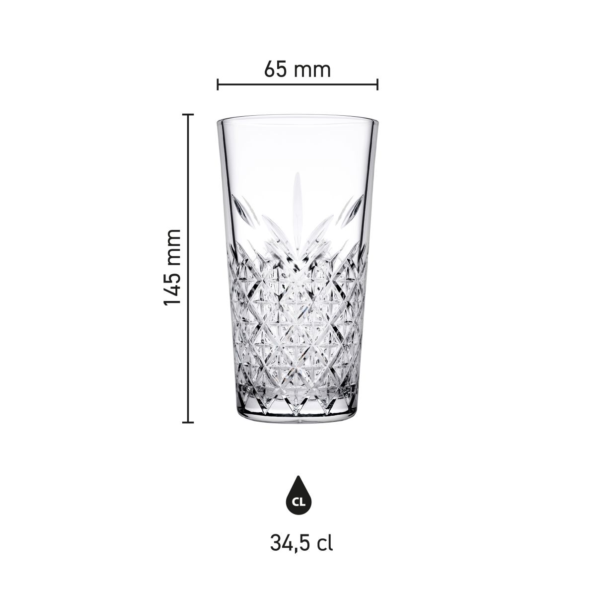 Infographic showing height, diameter and capacity of the Timeless Longdrink stacking glass 34.5 cl.