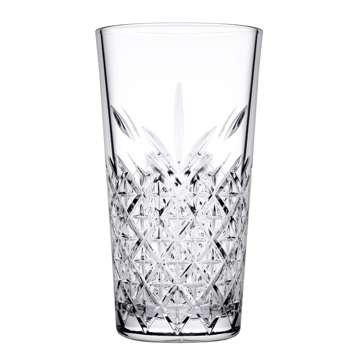 Vooraanzicht van Timeless Longdrink stapelglas 45 cl met verticale lijnen en stapelbare bodem. Vooraanzicht van Timeless Longdrink stapelglas 45 cl met verticale lijnen en stapelbare bodem.