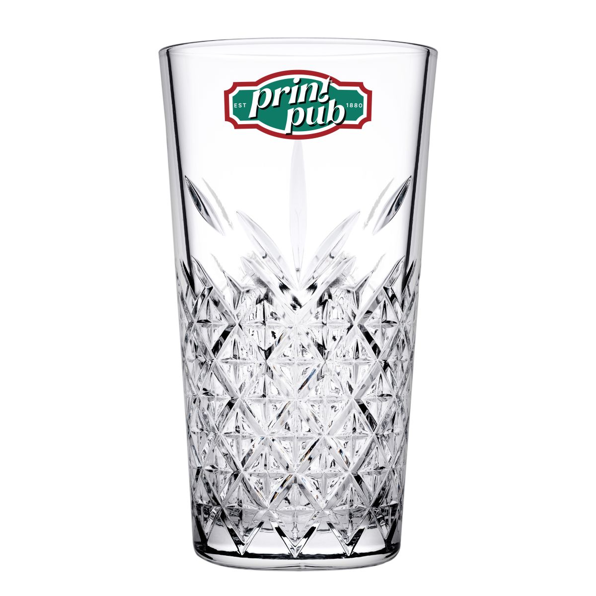Front view of the glass with colourful PrintPub logo on the smooth glass surface.