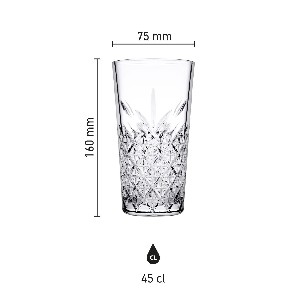 Infographic shows height and diameter of the Timeless Longdrink stacking glass 45 cl.